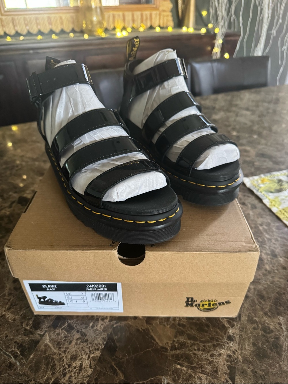 Dr. Martens Blair Black Patent Strappy Platform Sandals with Yellow Stitching 9